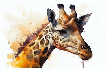 Wall Mural - Watercolor Illustration of a Giraffe Head , Animal, Isolated On White Background. Generative AI