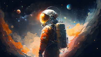 An astronaut travels through space in a new world