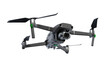 Bottom and front view in a half-turn to the right of flying drone with rotating blades isolated on transparency background
