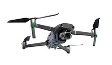 Bottom And Front View In A Half-turn To The Right Of Flying Drone With Rotating Blades Isolated On Transparency Background