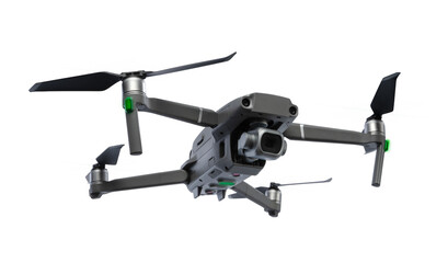 bottom and front view in a half-turn to the right of flying drone with rotating blades isolated on t