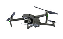 Front Half-turn View Of Flying Drone With Rotating Blades Isolated On Transparency Background