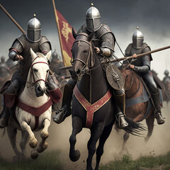 Medieval knights in a battle. Medieval soldiers. Generative AI.