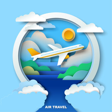 Fototapete - Air travel vector with view on plane flying over natural landscape