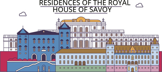 Wall Mural - Italy, Turin, Residences Of The Royal House Of Savoy tourism landmarks, vector city travel illustration