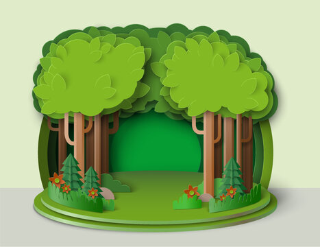Fototapete - Eco green nature forest landscape paper cut vector