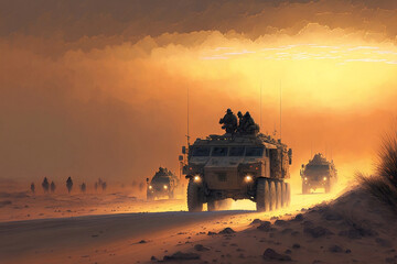 Wall Mural - Military patrol car on sunset background. Army war concept, generative ai