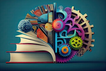 Wall Mural - Book and Brain - modern Idea and Concept illustration Business. Idea concept with an open book, brain, and book on a green background.Generative Ai