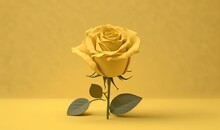  A Single Yellow Rose With Green Leaves On A Yellow Background With A Yellow Background And A Yellow Wall In The Background With A Yellow Wall.  Generative Ai