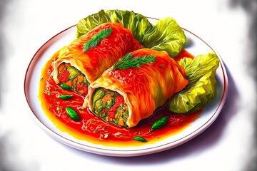 Wall Mural - stuffed cabbage rolls with juicy filling of meat and vegetables with tomato sauce, created with generative ai