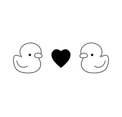 Vector isolated two mirror rubber ducks birds bathroom toys in love with heart symbol between them colorless black and white contour line easy drawing