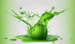  a green liquid splashing out of a green bottle into a puddle of green liquid on a white background with a green border around it.  generative ai