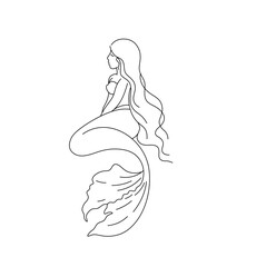 Wall Mural - Vector isolated one single sitting beautiful mermaid girl woman with fish tail colorless black and white contour line easy drawing