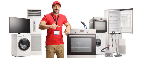 Sticker - Salesman leaning pointing at an oven and other electrical appliances