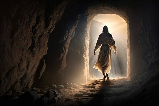 resurrected jesus christ coming out of his tomb at dawn, digital art illustration, generative ai art