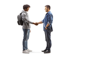 Wall Mural - Full length profile shot of an african american male student and a caucasian man shaking hands