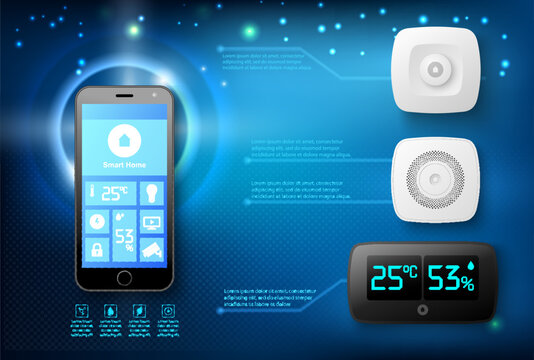 Fototapete - Smart sensors at home controlled by mobile phone. Internet of things technology and automation system for residential house.