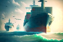 Large Cargo Ships Entering Harbor With Containers On Board, Created With Generative Ai