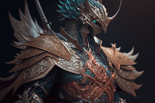 guardian warrior dressed in beautiful dragon armor with sword, created with generative ai