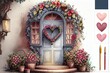 Watercolor Illustration of a House Front Door With Decorative Valentines Day Elements. Heart Shaped Wreath. Heart On Door. Generative AI