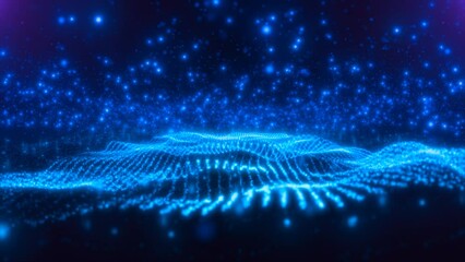 Abstract blue waves lines from particles and dots of energetic magic with glow effect and blur bokeh abstract background. Video 4k, 60 fps