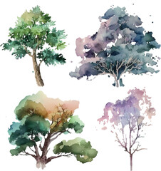 Watercolor trees collection. Set of Vector trees. Forest tree pack