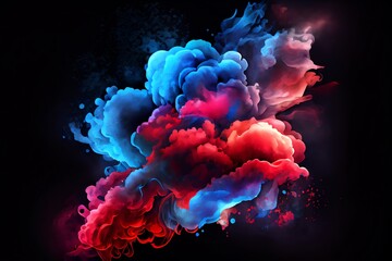 Wall Mural - Watercolor Illustration of a Neon Blue And Red Multicolored Smoke Puff Cloud Design Elements On A Dark Background. Generative AI