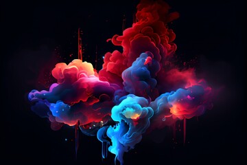 Wall Mural - Watercolor Illustration of a Neon Blue And Red Multicolored Smoke Puff Cloud Design Elements On A Dark Background. Generative AI