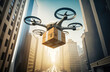 © vitanovski - Delivery Drone Flying Delivering Package in Big City Passing Through Tall Buildings created by generative AI