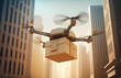 © vitanovski - Delivery Drone Flying Delivering Package in Big City Passing Through Tall Buildings created by generative AI