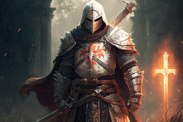 brave guardian warrior in form of templar with sword, created with generative ai