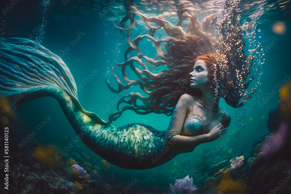 Beautiful mermaid girl with red long curly hair swims underwater in the ...