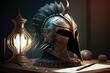 © Alfazet Chronicles - metal helmet with brush on table in laser digital illustration guardian warrior, created with generative ai