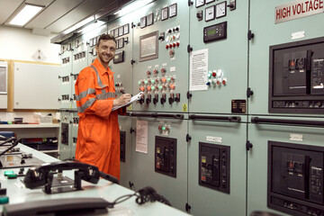 Wall Mural - Young engineering officer inspecting electrical switchboard in engine control room. Offshore engineer smiling.