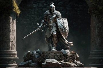 medieval guardian warrior with helmet and sword stands on stone platform, created with generative ai