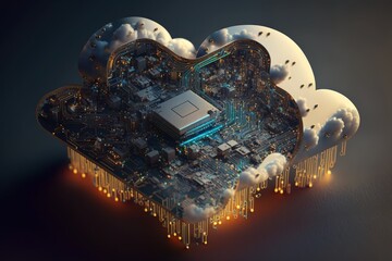 Poster - Cloud computing concept. Generative AI illustration of cloud computing with circuit board