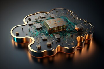 Poster - Cloud computing technology concept. Generative AI illustration of computer circuit board over dark background