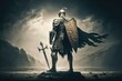 © Alfazet Chronicles - guardian warrior with shield and sword stands on battlefield, created with generative ai