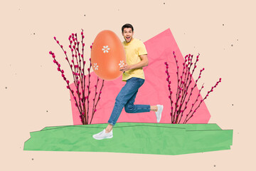 Sticker - Creative composite collage photo of young funny active guy running hold colored orange easter egg tradition feast isolated on drawing background