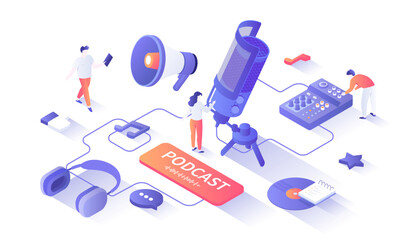 Wall Mural - Start Your Podcast. Audio recording, live streaming, broadcast. Podcasting equipment and APP - studio microphone on a stand, headphones, mixer. Isometry illustration with people scene for web graphic.