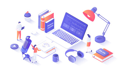 Wall Mural - Recording Podcast. Radio host workplace with microphone, headphones, laptop. Audio recording, live streaming, broadcast, news, interview. Isometry illustration with people scene for web graphic.