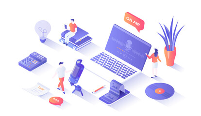 Wall Mural - Recording Podcast. Online show, blogging, radio broadcasting, podcasting in internet website. Radio host workplace, microphone, headphones, mixer. Isometry illustration with people scene for web graph