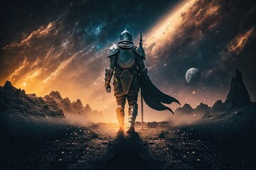 brave knight in armor stepping across surface of planet against backdrop of stars and galaxy, created with generative ai