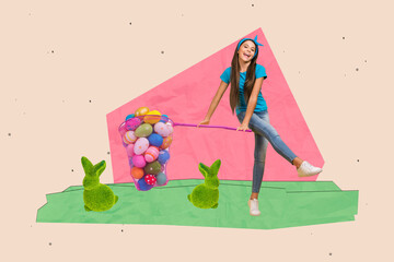 Wall Mural - Creative composite collage artwork of young teenager girl have fun catching butterfly net spring time easter eggs isolated on nature background