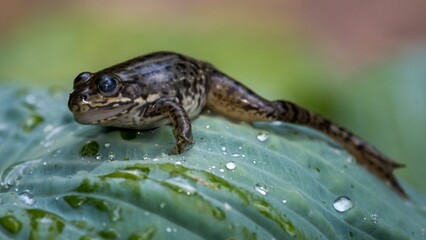 Sticker - Macro shot of a baby frog sitting on a wet leaf with small water drops on it