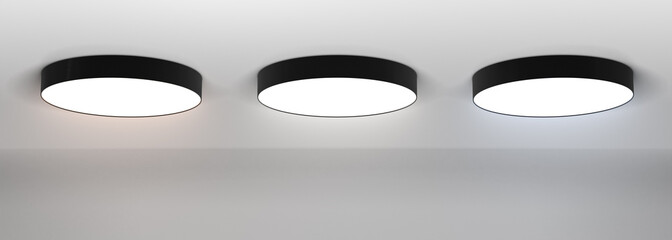 ceiling lamps with cold, warm and white light 3d render. realistic set black round metal luminaires.