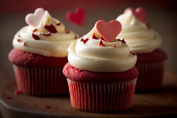 Wall Mural - Red Velvet Cupcakes Muffins with Heart Shaped Decorations