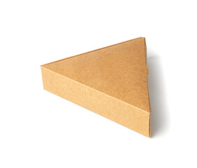 empty triangle paper box, single pizza slice cardboard package, triangular box isolated on white bac