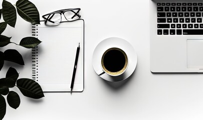  a cup of coffee next to a laptop computer and a cup of coffee on a desk with a pen and eyeglasses on it.  generative ai