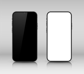 Fototapete - A set of three smartphones on a transparent background. Realistic 3D models of mobile phones with shadows and highlights. Front view. Vector illustration.